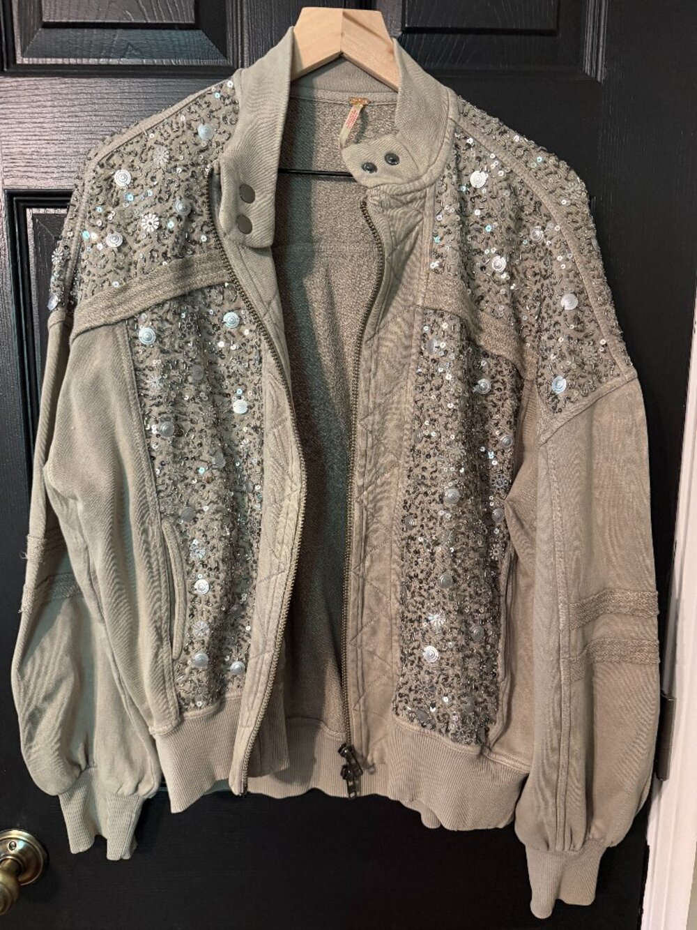 Like New Free People Oversized Sequin Sweatshirt Jacket Tan Silver Extra Small